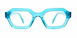 Armazón de receta con diseño geométrico y angular, fabricado en acetato translúcido de color azul vibrante.