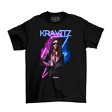 Remera negra de manga corta con estampa frontal de Lenny Kravitz en estilo neón con colores azul y violeta.