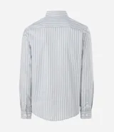 Camisa de corte regular confeccionada en una mezcla de bambú y poliéster, con diseño de rayas verticales en tono verde claro y blanco. Presenta cuello inglés, cierre frontal con botones y mangas largas con puños ajustables.