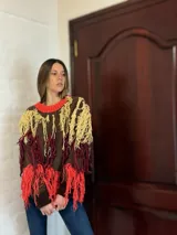 Sweater marrón de lana merino con cuello redondo y flecos XL de colores amarillo, naranja y borgoña.