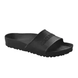 Sandalia tipo slide Birkenstock modelo Barbados, confeccionada en material EVA ligero y resistente, color negro. Presenta una banda superior con textura hexagonal y el logo de la marca en relieve.