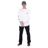 Remera blanca de manga larga con cuello redondo y logo de Volcom estampado en el pecho y en la manga izquierda.
