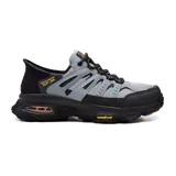 Championes deportivos Skechers modelo Skech-Air Envoy Emissary, diseñados para senderismo y uso casual. Presentan una combinación de cuero, material sintético y malla repelente al agua en tonos gris y negro. Cuentan con tecnología Slip-ins para un ajuste fácil, plantilla Air-Cooled Memory Foam, entresuela con cámara de aire visible Skech-Air y suela de caucho Goodyear para mayor tracción.