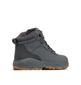 Bota de senderismo Columbia modelo Newton Ridge, color gris con suela de goma color caramelo. Presenta una parte superior de cuero impermeable con herrajes metálicos y sistema de cordones.