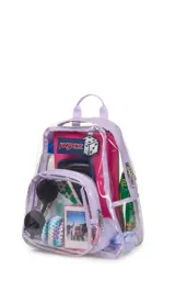 Mochila mini transparente de la marca JanSport con ribetes y correas en color lila pastel. Cuenta con un compartimento principal y un bolsillo frontal con cierre.
