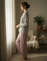 Pijama de dos piezas compuesto por una remera de manga larga gris con cuello redondo y botones frontales, y un pantalón largo de corte recto en color rosado.