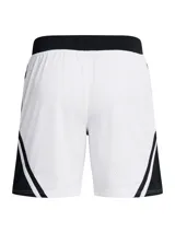 Short de básquet Under Armour Curry Mesh 4, de color blanco con detalles en negro, confeccionado en tejido de malla transpirable con bolsillos laterales con cierre.