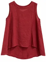 Musculosa bordó de lino con escote redondo, sin mangas y diseño de corte asimétrico, más larga en la parte trasera.
