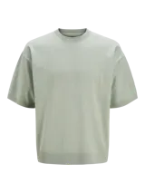 Remera de tejido plano color verde claro, con fit relajado, hombros caídos, cuello redondo y mangas cortas.