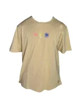 Remera color gris con efecto gastado, de manga corta y cuello redondo. Estampado frontal con tres flores de colores.