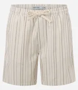 Bermuda masculina de corte recto, color beige con rayas verticales finas en tono marrón. Presenta cintura elástica con cordón ajustable y bolsillos.