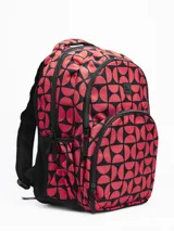 Mochila negra con tres compartimentos con cierre y dos bolsillos laterales abiertos con elástico.