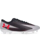Championes de fútbol Under Armour Shadow Select 3 FG, con diseño en color negro, blanco y detalles en rojo. Presentan una parte superior sintética suave, cierre con cordones y suela de TPU con tacos cónicos para tracción en superficies naturales firmes.