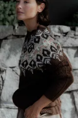 Buzo de punto color marrón chocolate con diseño de estampado nórdico en el canesú, cuello redondo y mangas largas.