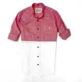 Camisa de manga larga color rojo y blanco, con cuello mao y cierre frontal con botones.