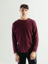 Remera de manga larga con cuello redondo, confeccionada en tejido de algodón tipo mini piqué. Presenta un diseño versátil con puños elásticos en las mangas, ideal para usar como prenda base o como buzo ligero.