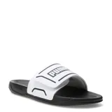 Sandalias tipo ojota Puma modelo Royalcat Comfort 2, con base negra y tira superior blanca con el logo de la marca en negro. Cuenta con tecnología Softride en la suela para mayor comodidad.