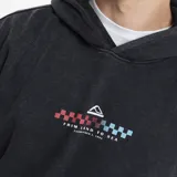 Canguro Reef con capucha, confeccionado en tejido con efecto lavado color gris oscuro. Presenta un estampado gráfico pequeño en el centro del pecho con diseño de cuadros en tonos rojos y azules, y bolsillo frontal tipo canguro.