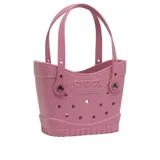 Bolso tipo tote Crocs color negro, fabricado en material sintético perforado con detalles texturizados en la base, doble asa superior y logo de la marca en relieve en el frente.