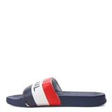 Chanclas azules con franja tricolor (rojo, blanco y azul) y la palabra "Nacional" estampada en blanco.