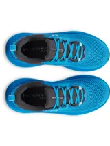 Championes de running Under Armour Infinite Elite, color azul con talón en negro y suela blanca con amortiguación. Parte superior de malla técnica transpirable y cordones azules.