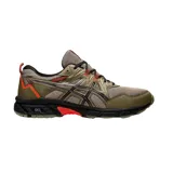 Championes de running Asics Gel-Venture 8 en color verde oliva con detalles en negro y naranja. Presentan una estructura robusta con tecnología GEL en la entresuela para mayor amortiguación y una suela diseñada para terrenos irregulares.