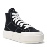 Championes Converse Cruise High Top de lona negra con cordones blancos y suela de goma blanca con plataforma.