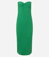 Vestido midi de punto acanalado en color verde, con diseño palabra de honor y detalle de nudo en el busto. Presenta un corte ajustado al cuerpo.