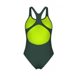 Malla enteriza de natación marca Arena, color verde militar, con tirantes cruzados en la espalda y logo de la marca estampado en el pecho en color blanco.