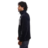 Canguro de sherpa con cierre frontal completo, cuello alto y bolsillo en el pecho con cierre. Presenta una combinación de texturas en color negro y gris oscuro, con diseño funcional y térmico.