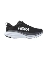 Championes de running Hoka One One Bondi 8, color negro con logo blanco en el lateral y suela gruesa en dos tonos.