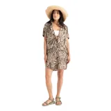 Vestido corto oversize Roark Bless Up de tejido técnico perforado color khaki con estampado tropical de hojas, cuello camisero, mangas cortas y cierre frontal de botones.