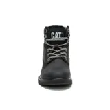 Bota de cuero color negro con diseño robusto, cordones bicolores y suela de goma dentada de alta tracción. Presenta el logo de la marca en el lateral y en la lengüeta.