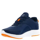 Championes deportivos Topper modelo Warp Mns, color azul marino con detalles en gris y naranja. Presentan una capellada de malla transpirable con refuerzos sintéticos, cierre con cordones y suela blanca con inserciones de goma naranja.