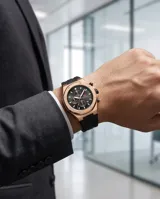 Reloj cronógrafo con caja de aleación metálica en tono oro rosa y esfera negra. Presenta indicadores de hora, subesferas funcionales y correa de caucho negra con cierre de hebilla.