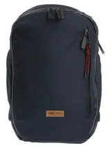 Mochila de poliéster reciclado azul navy RKF, impermeable, con múltiples compartimentos, bolsillos con cierre, espacio acolchado para laptop, espalda ergonómica y detalles en cuero sintético con el logo de la marca.