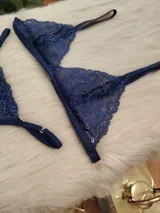 Conjunto de lencería compuesto por un corpiño triangular y una bombacha tipo colaless, ambos confeccionados en encaje de color azul profundo con detalles de malla.