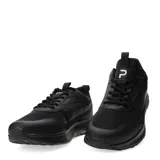 Championes deportivos negros con detalles en gris oscuro, cordones negros y suela con amortiguación visible en el talón.