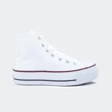 Championes Converse Chuck Taylor All Star Lift de caña alta con plataforma, color blanco, confeccionados en lona de algodón con suela doble de caucho y detalles de líneas en contraste.
