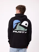 Canguro blanco con capucha y cordones ajustables. Presenta un estampado grande en la espalda con formas abstractas en tonos de azul y gris, y la palabra "RUSTY" en azul.