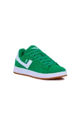 Championes deportivos Pony modelo Square para mujer, color verde con detalles en blanco y suela de goma marrón.