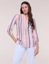 Blusa de gasa estampada a rayas multicolor, con cuello en V, escote con botones frontales y mangas largas regulables.