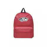 Mochila Vans Old Skool color rojo con logo "Vans Off The Wall" estampado en blanco y negro.
