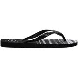 Ojotas Havaianas Top Basic con base a rayas horizontales en blanco, gris y negro, y tiras negras.