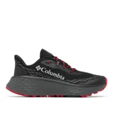 Championes de trail running Columbia modelo Konos Trillium, color negro con detalles en rojo. Presentan una entresuela de espuma Techlite+ para amortiguación reactiva, sistema Navic Fit para mayor estabilidad y suela Adapt Trax para tracción en terrenos técnicos.