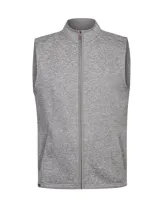 Chaleco de tejido tipo polar o bucle, color gris jaspeado, con cuello alto y cierre frontal completo. Presenta bolsillos laterales con cierre.