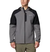 Campera softshell con capucha, de diseño bicolor en gris y negro. Cuenta con cierre frontal completo, bolsillo vertical en el pecho con cierre y bolsillos laterales. Presenta logo de la marca estampado en el pecho y puños elásticos.