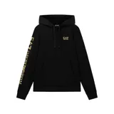 Canguro negro con capucha y cordones ajustables. Presenta el logo de la marca en el pecho y el nombre de la marca estampado en letras doradas a lo largo de la manga derecha. Cuenta con un bolsillo frontal tipo canguro.