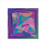 Pañuelo cuadrado de seda con estampado abstracto multicolor en tonos violeta, rosa, celeste, verde y naranja.