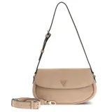 Cartera tipo bandolera Guess modelo Danya, color beige, con diseño estructurado, solapa frontal con logo metálico triangular y correa ajustable y desmontable.